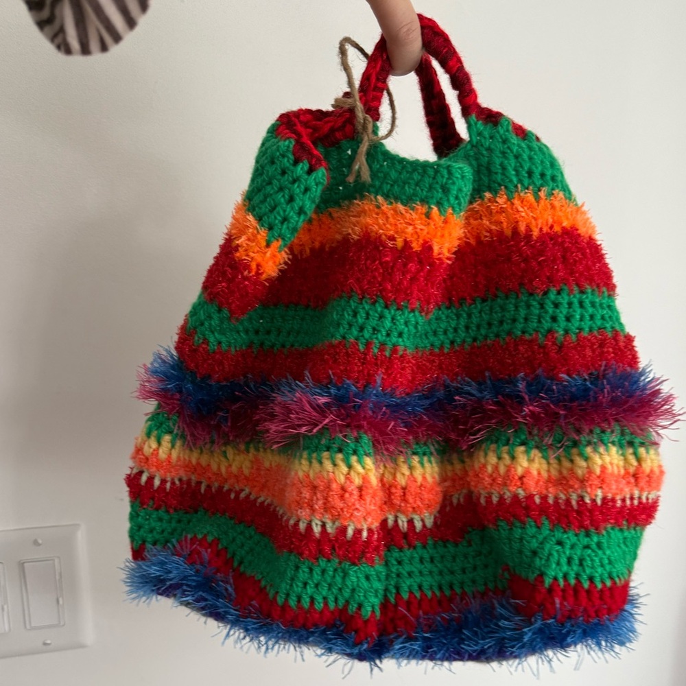 Handmade Multicolor Crochet Tote Bag - Green & Red Stripes